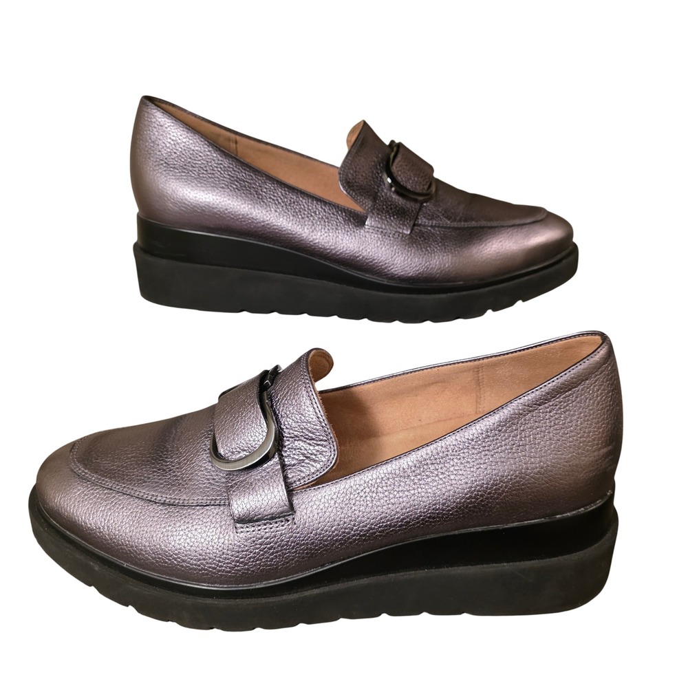 Naturalizer Somerset Metallic Pewter Leather Platform Wedge Loafers 11W